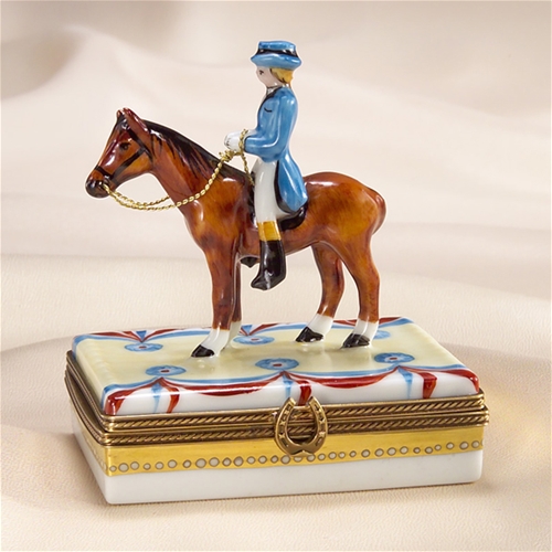 Limoges Blue Jockey on Brown Horse Box The Cottage Shop