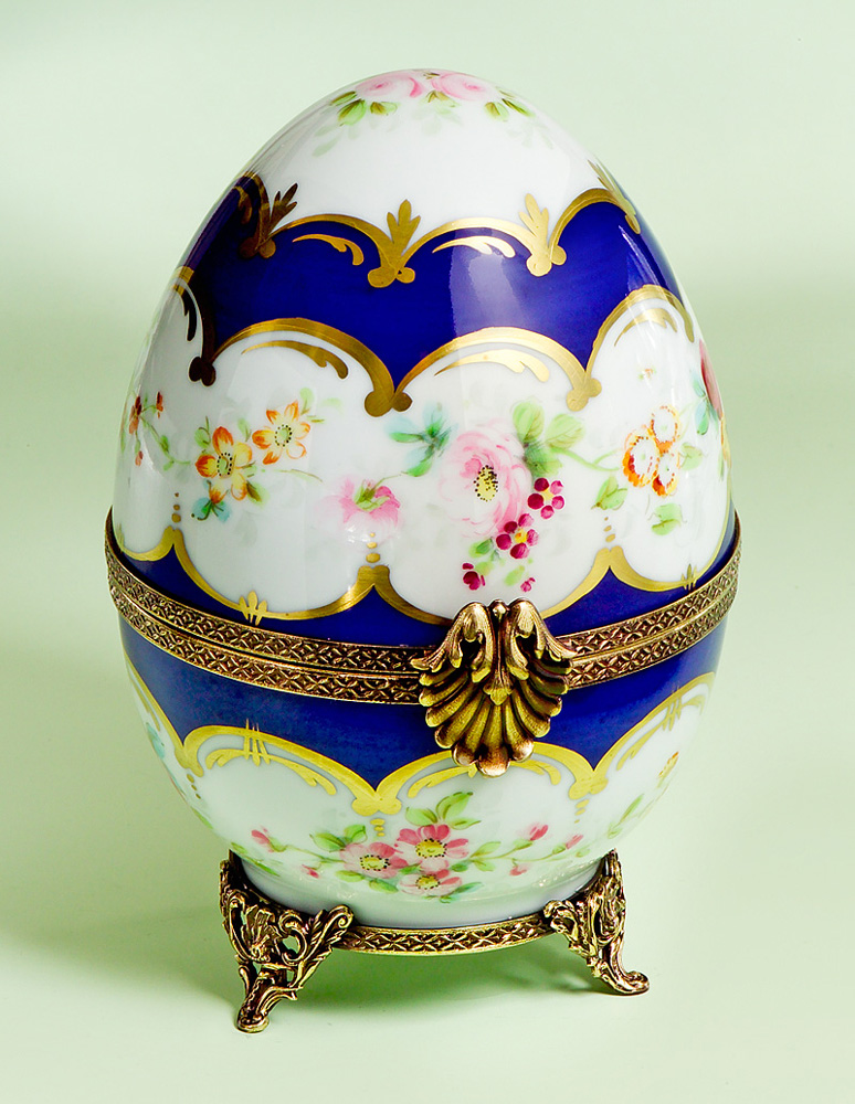 Limoges Faberge Style Imperial Blue Egg with a Yellow Rose Box The