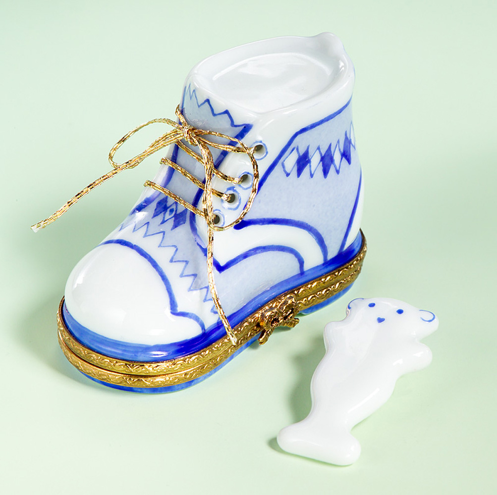 Limoges Blue Baby Shoe with Teddy Box The Cottage Shop