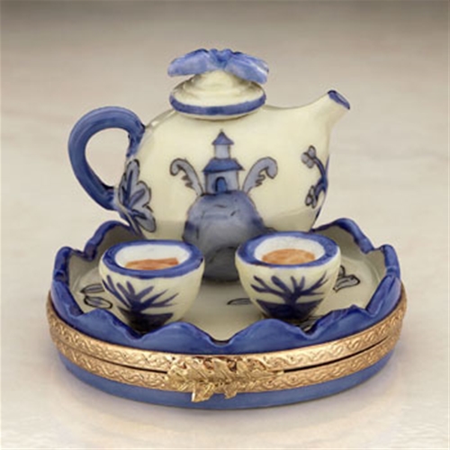 Limoges Blue and White Oriental Teapot on Tray Box The Cottage Shop