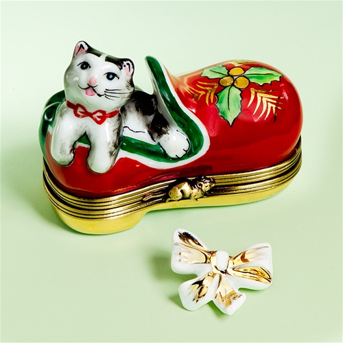 Limoges Black Cat in Holiday Shoe Box with Bow The Cottage Shop