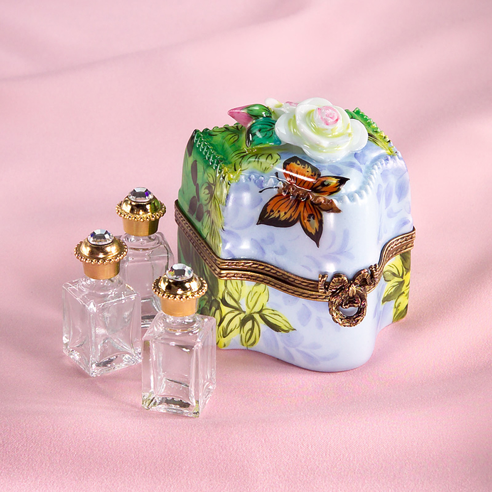 Limoges Butterfly and Flowers 3 Bottle Perfumes Chest Box The Cottage Shop