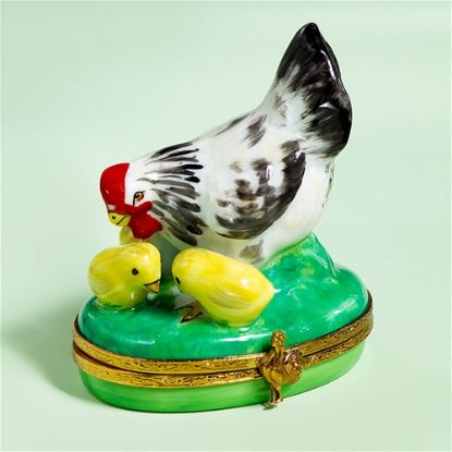 Picture of Limoges Black and White Hen with Chicks Box