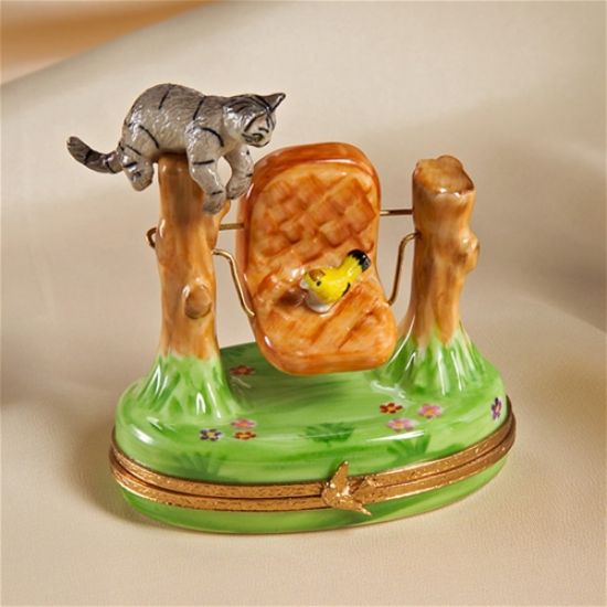 Picture of Limoges Cat with  Bird on Swing Box