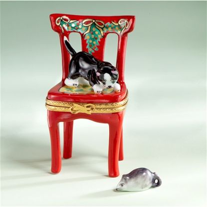 Picture of Limoges Black Cat on Red Chair Box with Mouse