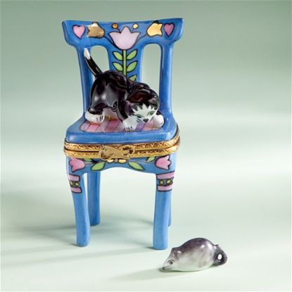 Picture of Limoges Black Cat in Blue Chair Box with Mouse