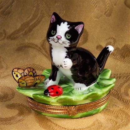 Picture of Limoges Black Cat on Leaf with Butterfly Box