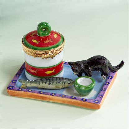 Picture of Limoges Black Cat Eating Fish and Milk Box