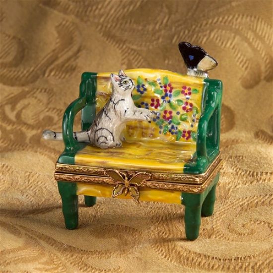Picture of Limoges Cat on Bench with Butterfly Box 