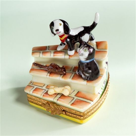 Picture of Limoges Dog and Cat on Stairs with Mouse and Bone Box