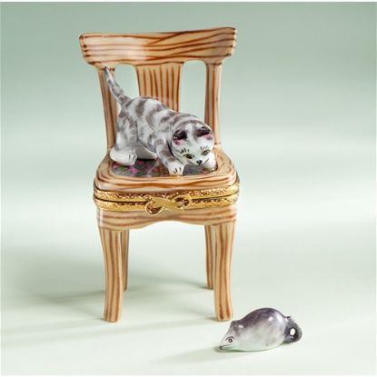 Picture of Limoges Gray Cat on Wood Chair Box with Mouse