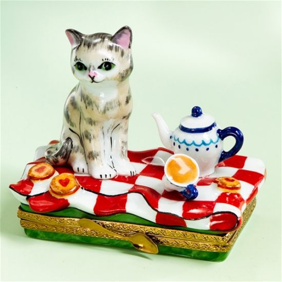 Picture of Limoges Gray Cat with Tablecloth and Cookies Box
