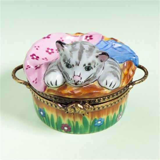 Picture of Limoges Gray Cat in Basket with Blanket Box
