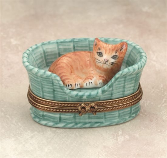 Picture of Limoges Orange Cat in Wicker Basket Box