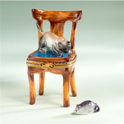 Picture of Limoges Siamese Cat on Chair with Mouse Box