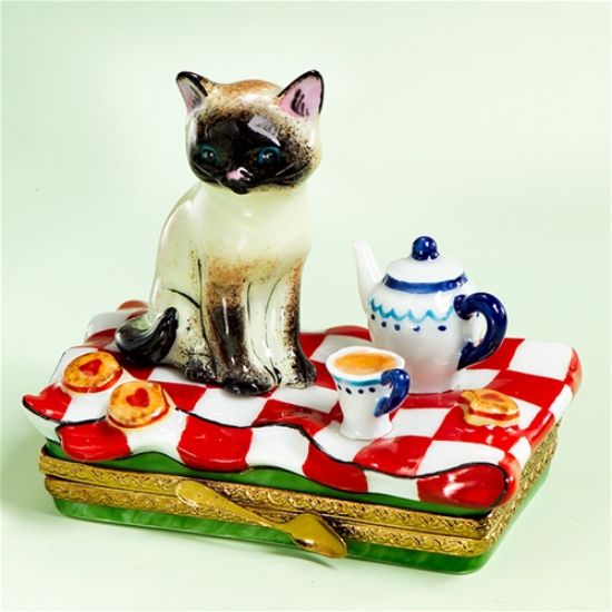 Picture of Limoges Siamese Cat with Tablecloth and Cookies Box