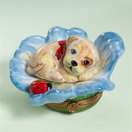 Picture of Limoges Puppy on Blue Leaf with Ladybug Box
