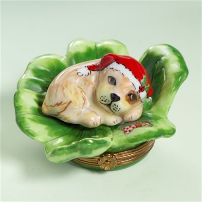 Picture of Limoges Santa Puppy on Leaf Box