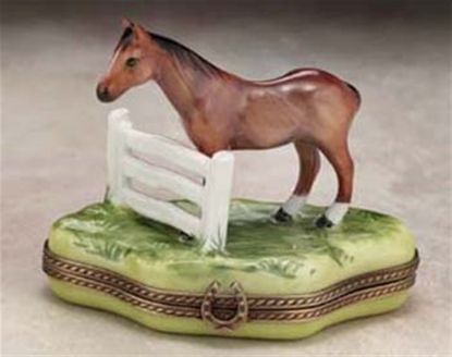 Picture of Limoges Brown Horse by Fence Box