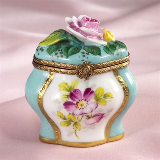 Picture of Limoges Turquoise Gold Box with Pink Rose