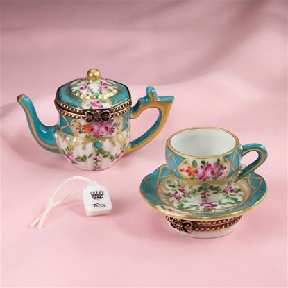 Picture of Limoges Turquoise Roses Teapot Box and Cup and Saucer Box