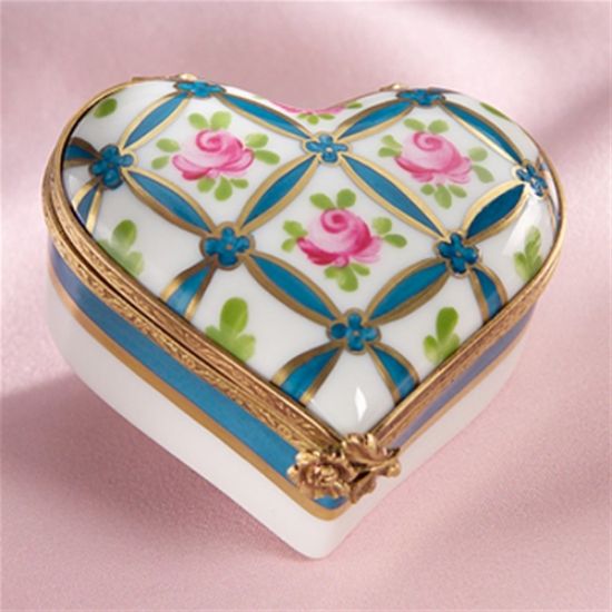 Picture of Limoges Blue Grid Roses Heart Box