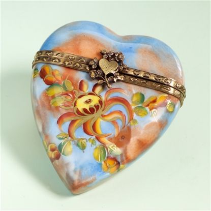 Picture of Limoges Blue Heart with Orange Flowers Box