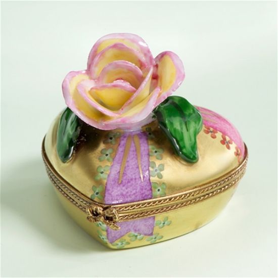 Picture of Limoges Pink Yellow Rose on Gold Heart Box