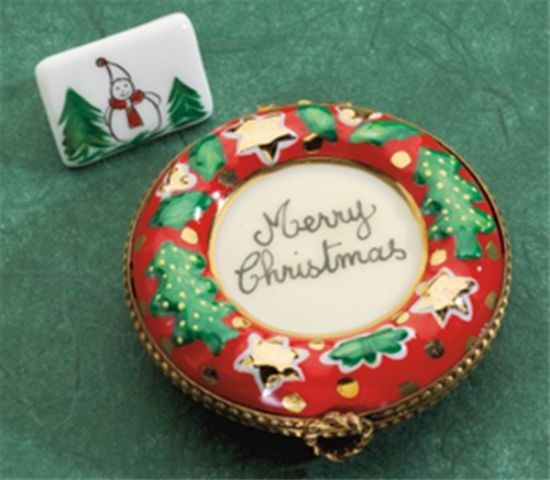 Picture of Limoges Merry Christmas Wreath Box with Snowman Card 