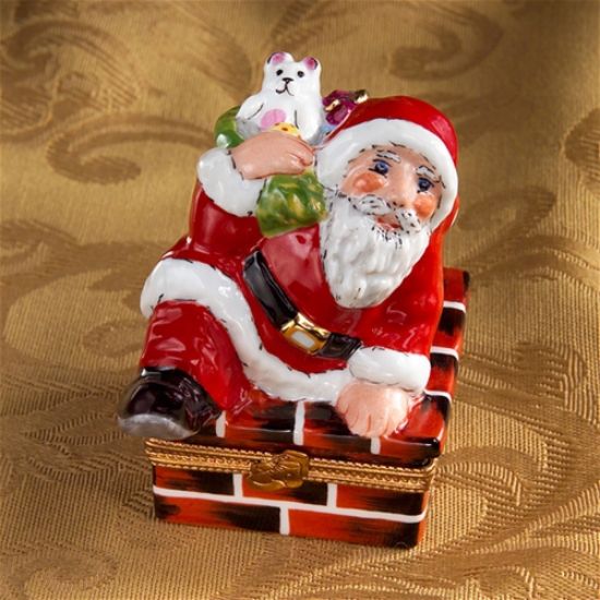 Picture of Limoges Santa out of Chimney with White Cat Box