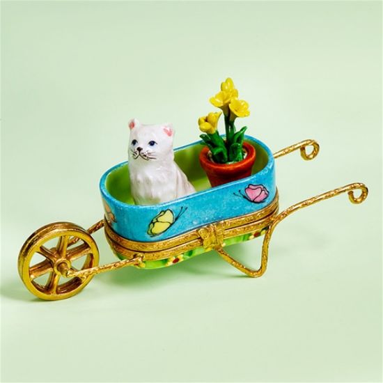 Picture of Limoges White Cat in Cart with Flowers  Box