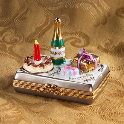 Picture of Limoges Happy Birthday with Champagne, Cake and Gift Box
