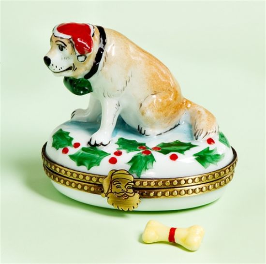 Picture of Limoges St Bernard Dog with Santa Hat and Bone