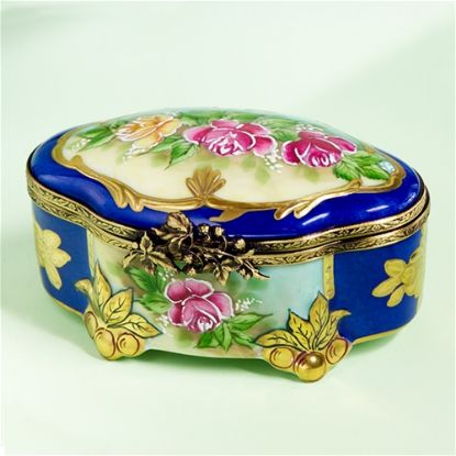 Picture of Limoges Blue Chest with Flowers Box and gold leaf.