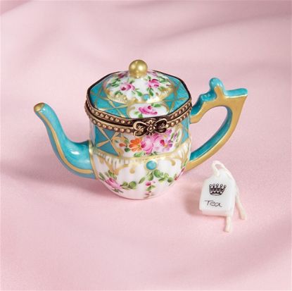 Picture of Limoges Turquoise Roses Teapot with Tea Bag Box