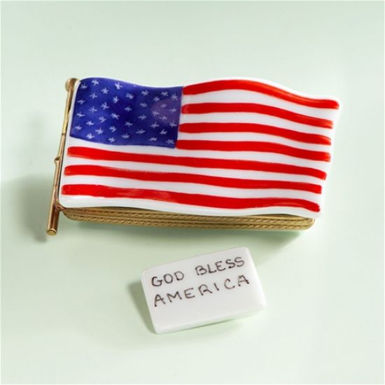 Picture of Limoges Usa Flag Box with Gold Bless America sign