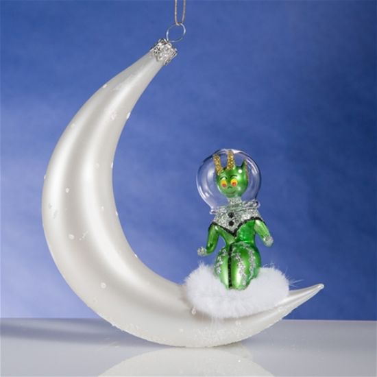 Picture of De Carlini Green Alien on Moon Christmas Ornament