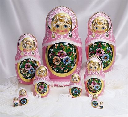 Picture of Russian Wooden PInk Ladies with Flowers Matryoshka