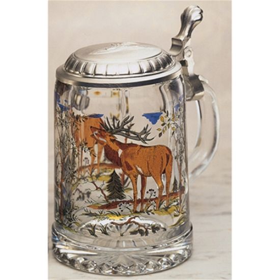 Picture of German Glass Moose and Deer Beer Stein with Pewter Lid