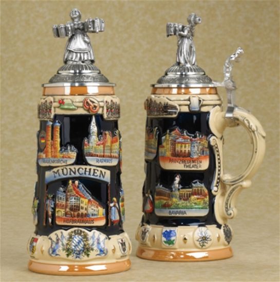 Picture of German Munchen Munich Landmarks  Beer Stein with Bavarian Girl Lid