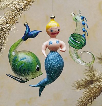 Picture of Mermaid, Blue Fish and Seahorse Italian Glass Christmas Ornaments