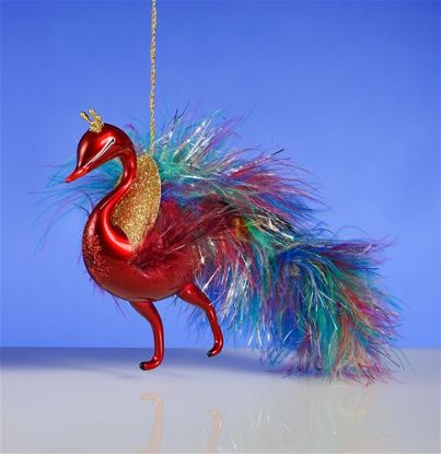 Picture of De Carlini Red Peacock Italian Glass Christmas Ornament