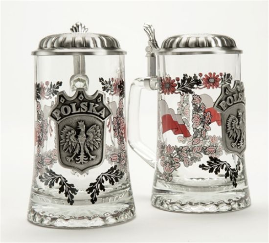 Picture of Poland "Polska" Glass German Beer Stein with Pewter Lid, Each.