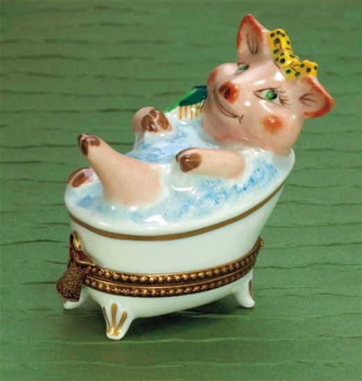 Picture of Limoges Pig Girl in Bathtub with Bubble Box