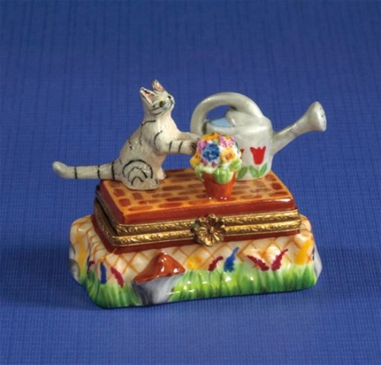 Picture of Limoges Gray Cat with Watering Can and Tulips Box