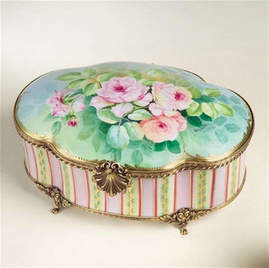 Picture of Limoges Pink Autumn Roses Gold Leaf Brass Feet Treasure Chest