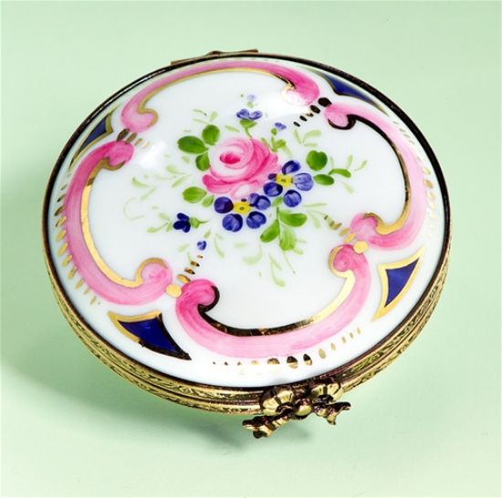Picture of Limoges Pink Rose and Blue Flowers Round Box