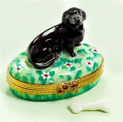 Picture of Limoges Black Dachshund on Grass with Bone Box