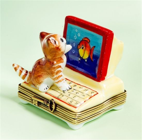 Picture of Limoges Orange Cat by Computer with Fish Box