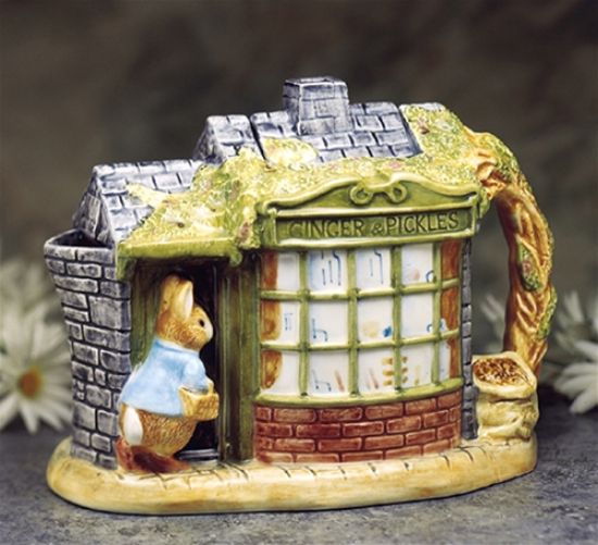 Picture of Beatrix Potter Peter Rabbit in Front of the Store Teapot